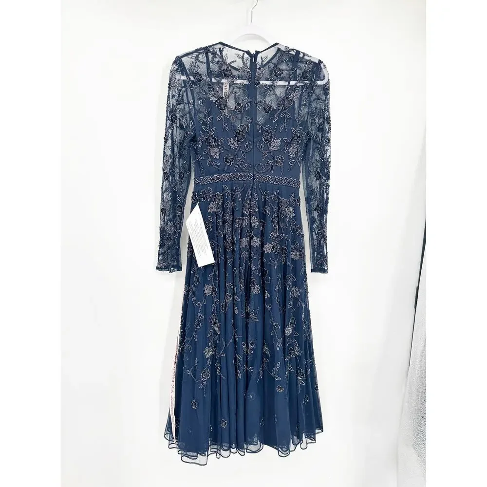 Mac Duggal 10799 Beaded Illusion A-Line‎ Dress Women Size 4 Navy Blue NEW